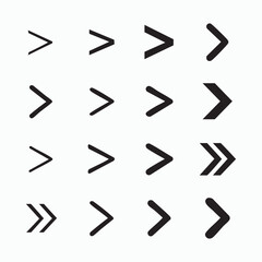 Set of Minimalist Greater Than Signs and Chevron Arrows Vector Flat Black Icons on White Background