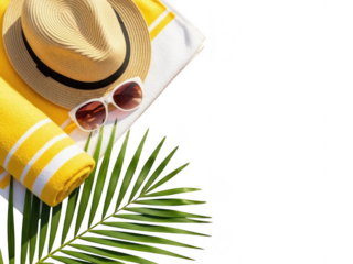 Summer vacation accessories with palm leaf on transparent background