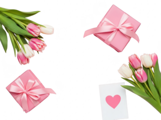 Pink gifts and tulips with heart on transparent background for valentines day or spring