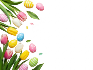 Colorful easter eggs and tulips on transparent background for spring holiday decoration ideas