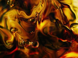 Abstract macro view of flowing amber resin with bubbles and golden tones, AI-generated.