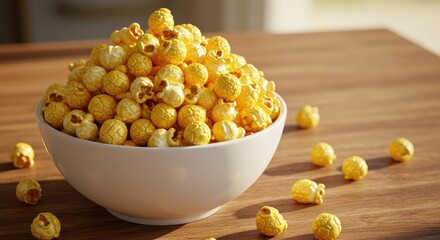 Kettle cooked gourmet caramel popcorn in a white bowl on wooden table