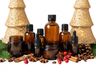 A collection of amber glass bottles with black caps surrounded by holiday spices and decorations on a white surface for christmas isolated on transparent background