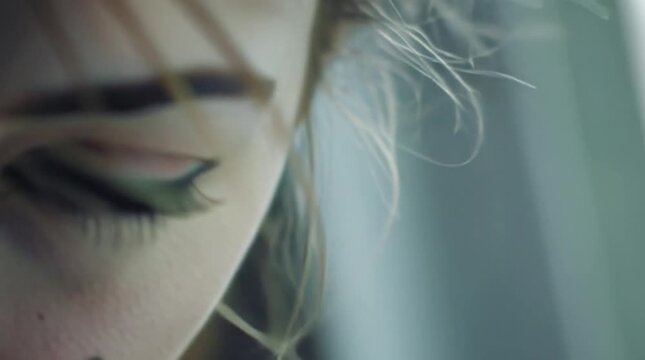 Close up of a womans face with digital overlays and abstract patterns