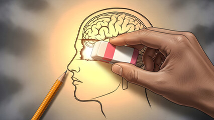 Conceptual illustration depicting a human hand using an eraser to remove part of a drawn head profile revealing a glowing brain, suggesting memory loss or mental repair processes.