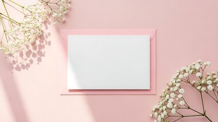 Birthday party invitation concept,pastel pink background blank white greeting card atop a blush pink envelope, framed by delicate baby's breath flowers