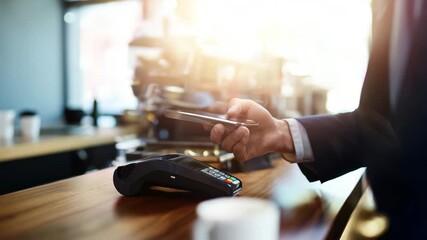 Businessman makes contactless phone payment at coffee shop with layered futuristic HUD interface - Powered by Adobe