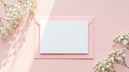 Birthday party invitation concept,pastel pink background blank white greeting card atop a blush pink envelope, framed by delicate baby's breath flowers