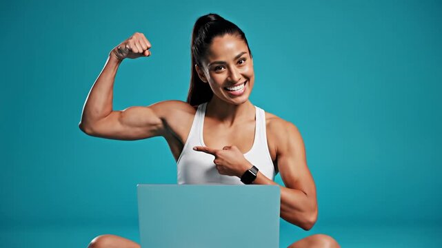 Strong woman flexing muscles during online fitness class on her laptop, confident and empowered,