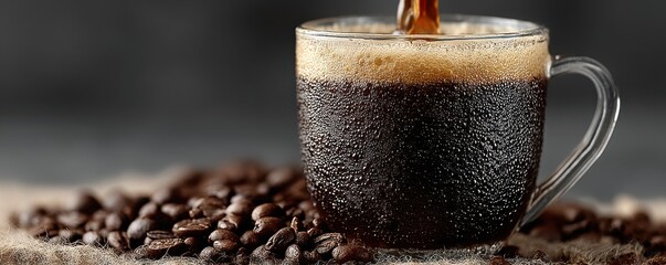 A clear glass mug of black coffee with crema and coffee beans scattered nearby