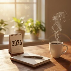 Happy New Year 2026. Cozy Morning Desk Scene with Calendar and Hot Coffee