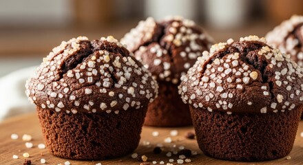 Chocolate muffins with white sprinkles on top, sweet baked goods, dessert, food, bakery, muffins, close up, brown, delicious, tasty, treat, pastry, cake, sweet