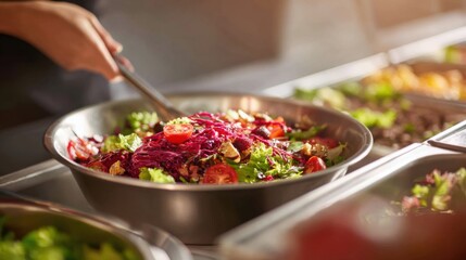 Shot of a cook stirring a colorful organic salad bowl in a welllit setting focusing on the wholesome natural ingredients of environmentally friendly eating habits.