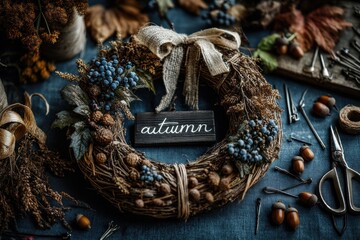Autumn wreath handmade from straw with dried berries and rustic ribbon for home decor