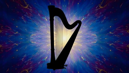 Silhouette of a classical musical harp instrument set against a vibrant, highly stylized, abstract background of bursting blue and purple cosmic light.