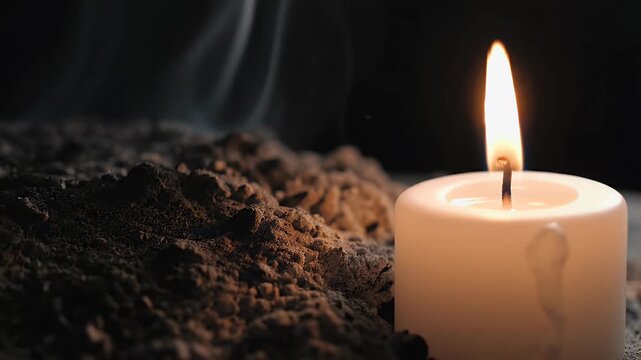 Ash Wednesday solemn background with dark textured ash surface and soft candlelight glow
