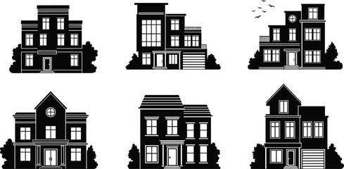 Modern house icons, architectural silhouette set, black outline homes, residential symbol, tree and bird branding, design concept, urban badge, style variety