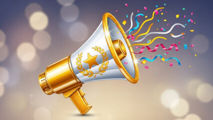 Golden megaphone with star and laurel wreath, colorful confetti and ribbons, celebratory announcement, award and recognition concept, shiny and metallic, bokeh background