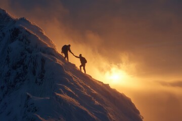 Two climbers help each other up a snowy ridge at sunset, showcasing teamwork and resilience on the climb