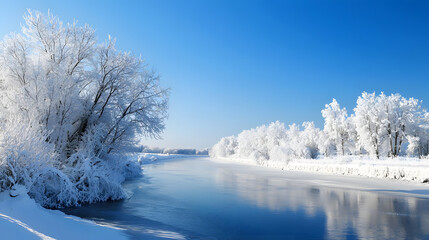 Obraz premium A small, winding river flows past snow-covered fields and solitary trees against a clear blue sky, creating a tranquil winter landscape for nature themes