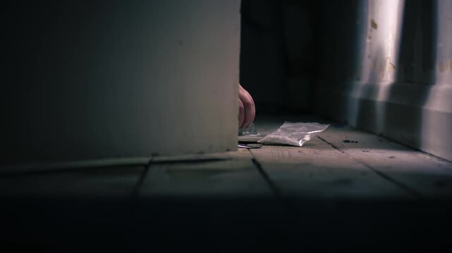 Door opens to reveal addict cutting Illegal drugs in abandoned house