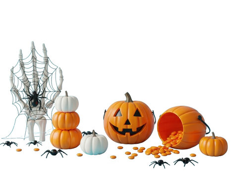 Halloween decorations with pumpkins, spiders, and cobwebs on transparent background
