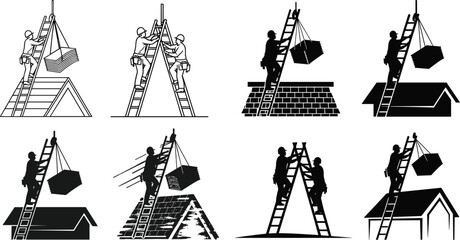 Roofing icons, ladder pulley silhouettes, suspended load handling, black outline workers, safety symbol, construction branding, hazard concept, elevation badge
