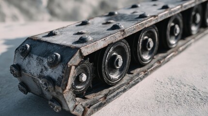 Close-up of a weathered metal track with multiple wheels and rivets, resting on a rough, white surface. Harsh sunlight highlights details