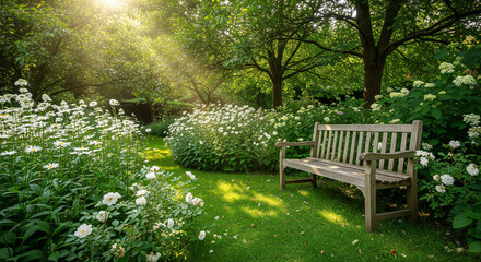 Peaceful wooden bench sitting in a lush green garden surrounded by white daisy flowers and dappled sunlight.