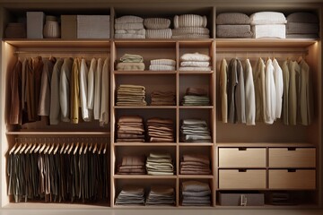 Wardrobe arrangement with folded clothes and organized storage for easy access and neatness