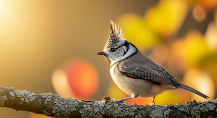 Close-up of a Crested Tit bird perched on a tree branch with a beautiful blurred golden autumn background.