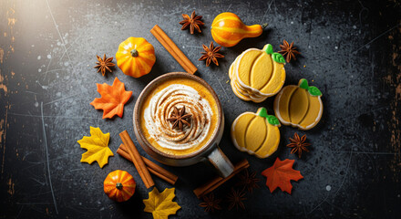 Cozy autumn composition with pumpkin spice latte, pumpkin cookies, cinnamon, and leaves on a dark background.