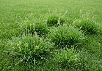 Close-up of invasive green weed clumps with seed heads growing in a manicured grass lawn, representing lawn care problems.