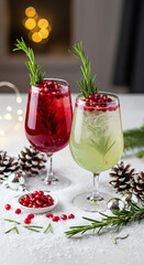 Two holiday cocktails with pomegranate seeds and rosemary sprigs served on a snowy surface for Christmas.
