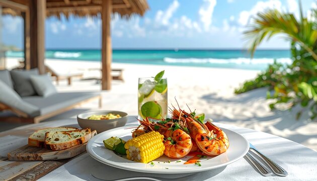 A delicious seafood meal on a white plate served on a beachside table with a refreshing cocktail and bread