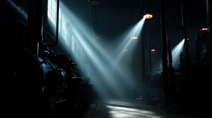 A low-key industrial background with strong spotlights creating dramatic shadows, emphasizing the machinery