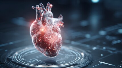 A luminous, digitized human heart floats over a futuristic circular base with intricate circuit board details