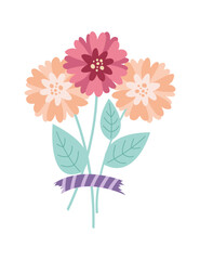 Flowers bouquet decoration attached by colorful washi tape. Floral pieces pretty romantic ornaments with sticker strips vector illustration