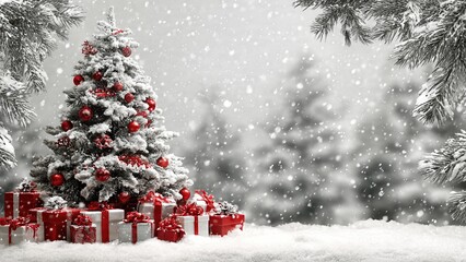 Obraz premium Festive christmas tree with red ornaments and gifts in snowy winter wonderland