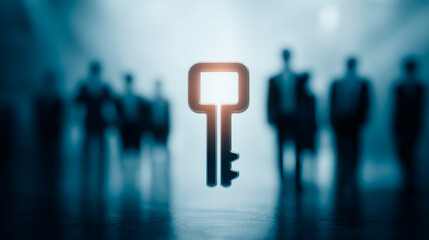 A futuristic key; in the background, a group of out-of-focus businesspeople. Business key concept