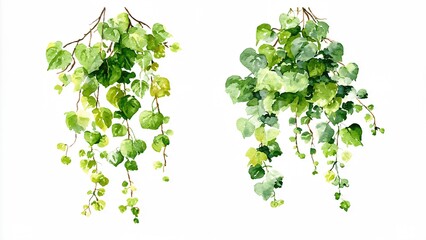 Lush watercolor greenery with hanging vine leaves on white background
