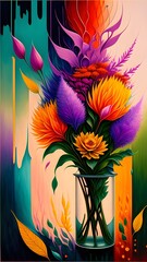 Colorful bouquet in a vase against a vibrant, abstract backdrop.
