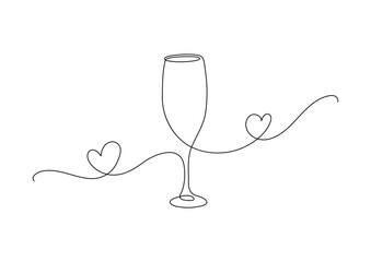 Glass of champagne, or wine with hearts. Continuous line drawing.
