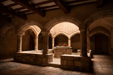 Medieval architecture with massive columns and vaulted stone arches. Ancient stone well in the center of a gothic inner courtyard