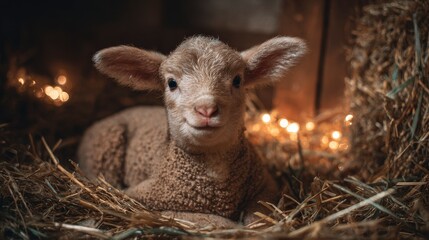 A fluffy, adorable lamb rests comfortably in a nest of hay, illuminated by soft, glowing lights in the background. Its eyes are clear, the setting warm