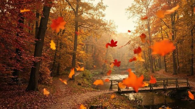 Vibrant autumn forest landscape with tranquil stream and rustic wooden bridge. Colorful leaves dynamically fall through golden light, creating a serene seasonal spectacle