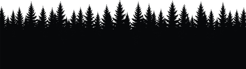 Pine forest silhouette panorama, coniferous tree border, black nature landscape background, isolated wood design, cad drawing flat vector illustration. © MDMOHOBBAT