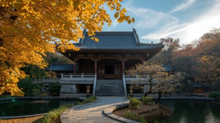 Traditional asian temple amidst autumn foliage