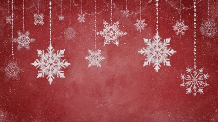 Festive winter-themed image with hanging white snowflakes against a textured red background. Snowflakes appear in different sizes