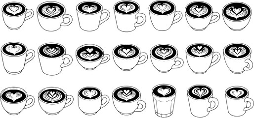 Black and White Line Art of Latte Art Coffee Cups, Food and Drink Industry